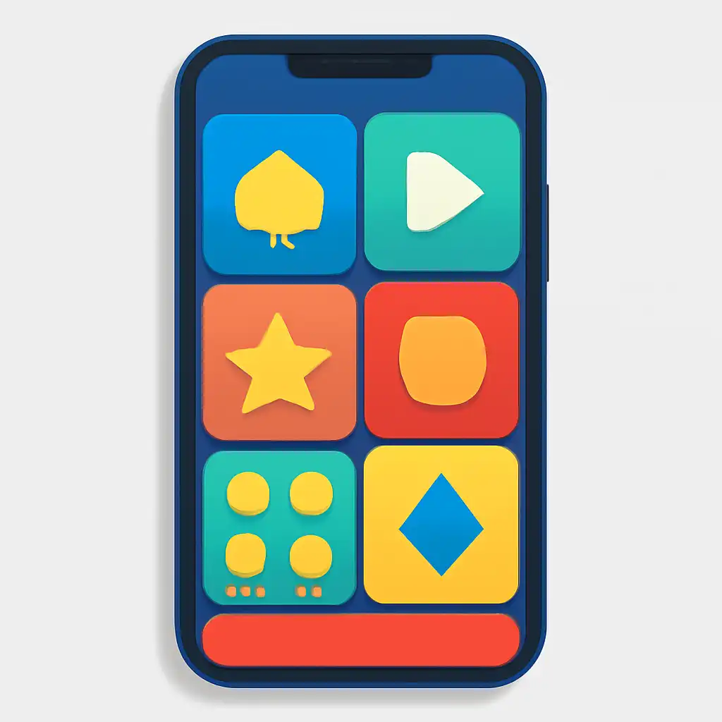 Smartphone shown from the front displaying a colourful flat layout of abstract game icons and rounded tiles, Holy Rummy