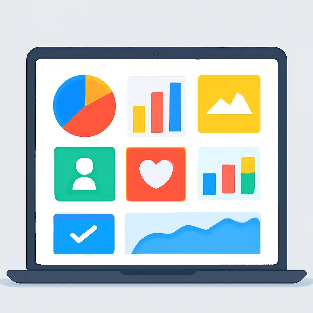 Laptop shown from the front displaying a colourful flat dashboard of abstract charts, bars and icon tiles, Holy Rummy
