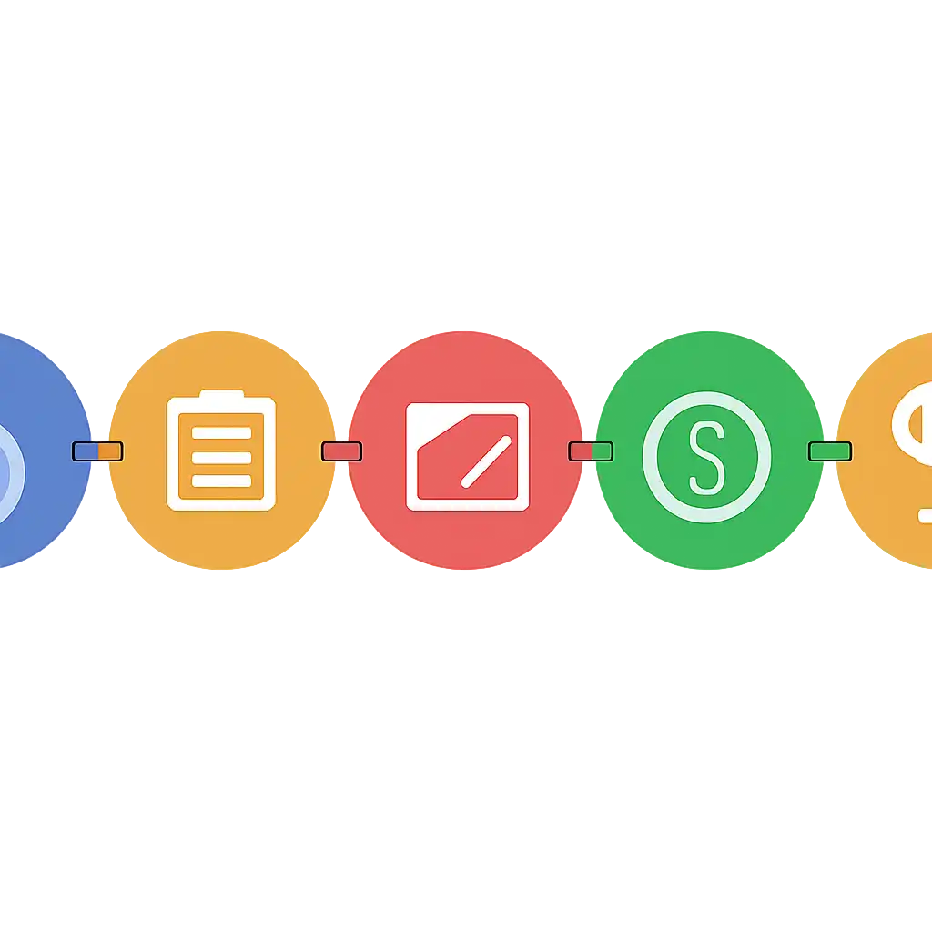 Five numbered circular icons connected by arrows in a horizontal flow, Holy Rummy steps