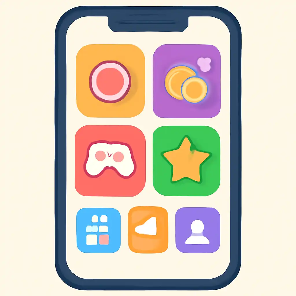 Smartphone shown from the front displaying a colourful flat layout of abstract game icons and rounded tiles, Holy Rummy