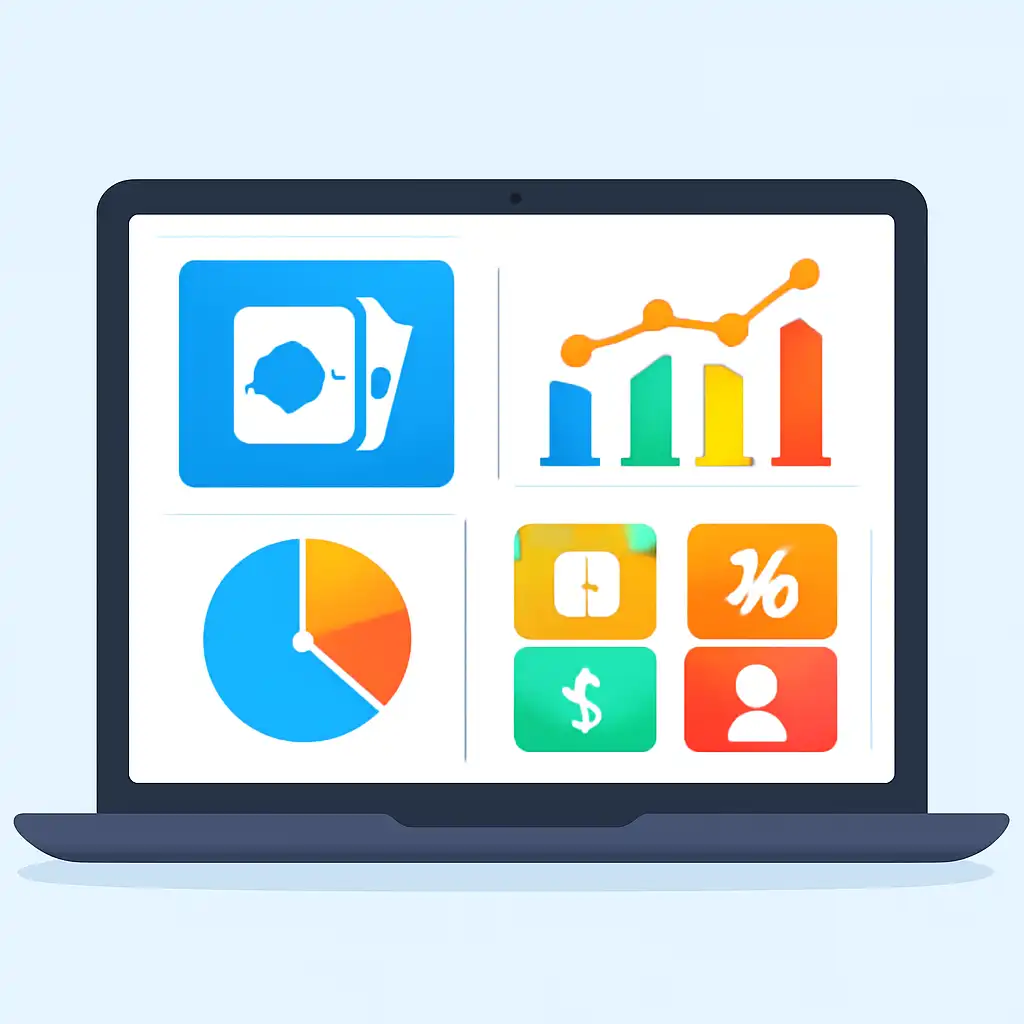 Laptop shown from the front displaying a colourful flat dashboard of abstract charts, bars and icon tiles, Holy Rummy
