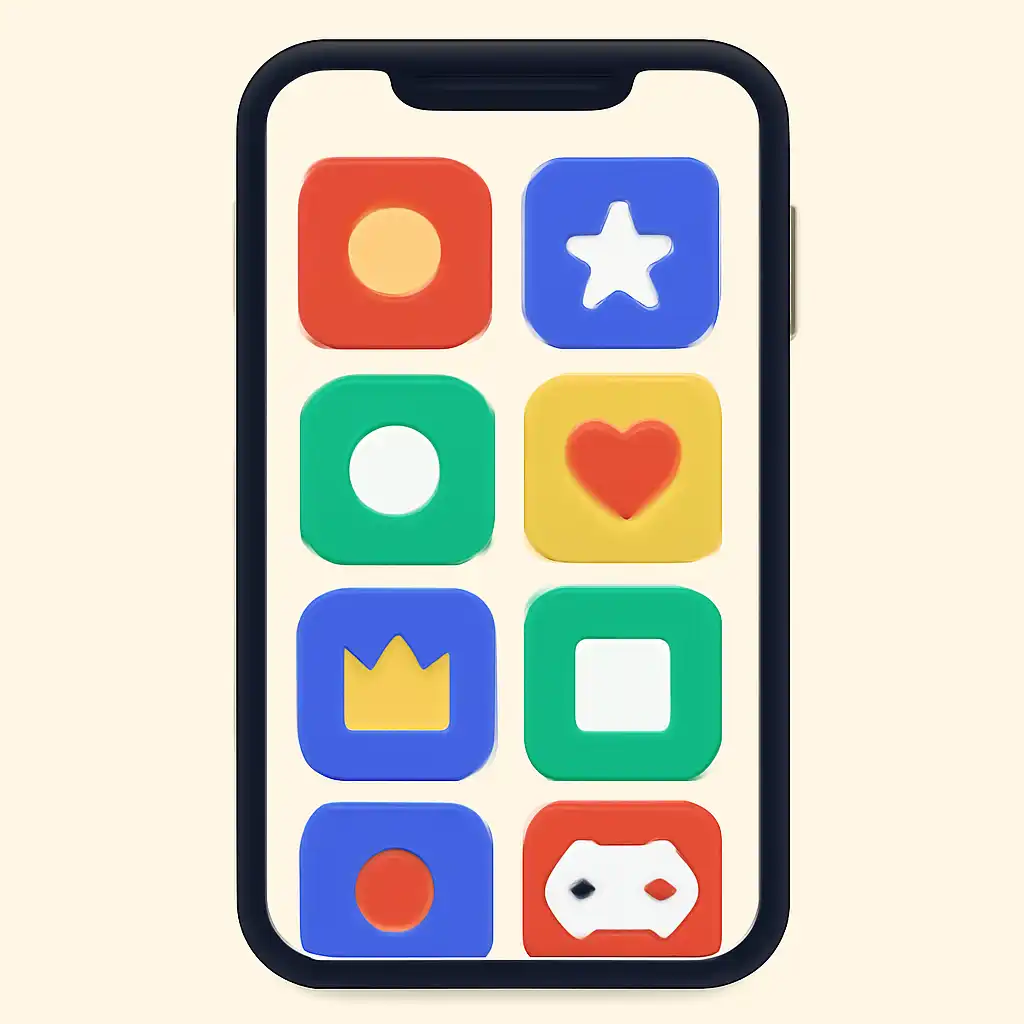 Smartphone shown from the front displaying a colourful flat layout of abstract game icons and rounded tiles, Is Holy Rummy
