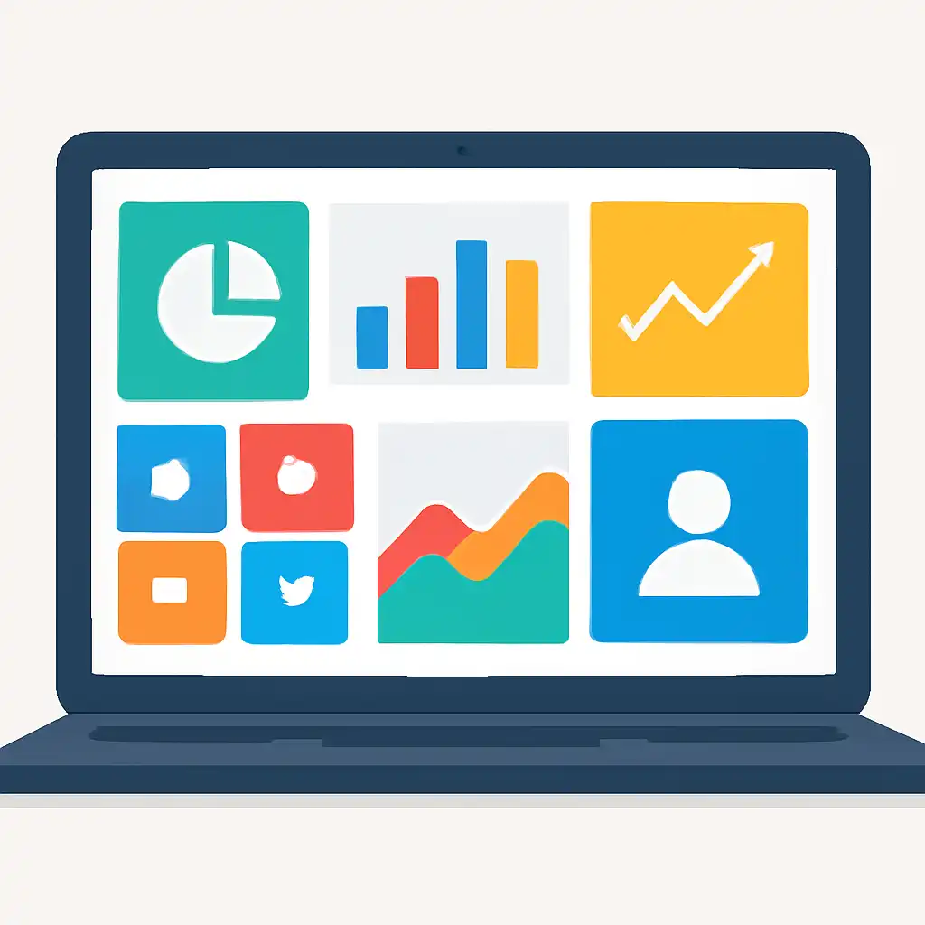 Laptop shown from the front displaying a colourful flat dashboard of abstract charts, bars and icon tiles, Is Holy Rummy