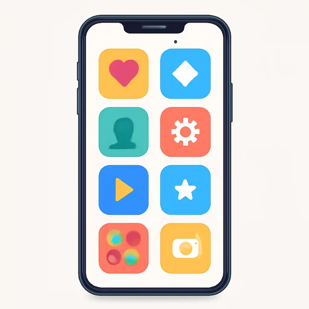 Smartphone shown from the front displaying a colourful flat layout of abstract game icons and rounded tiles, Holy Rummy