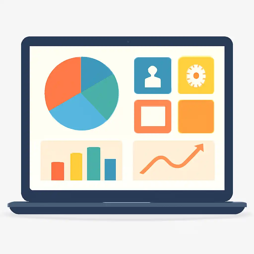 Laptop shown from the front displaying a colourful flat dashboard of abstract charts, bars and icon tiles, Holy Rummy