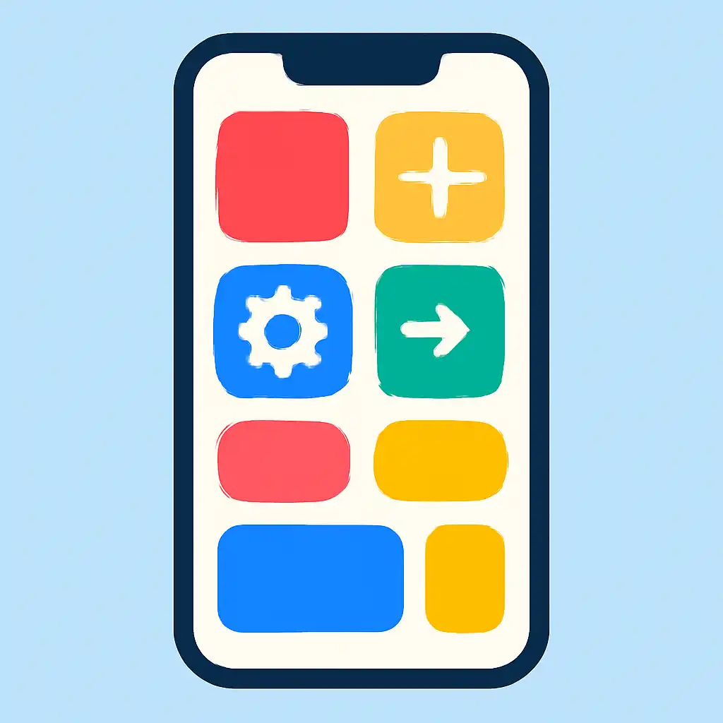 Smartphone shown from the front displaying a colourful flat layout of abstract game icons and rounded tiles, Holy Rummy