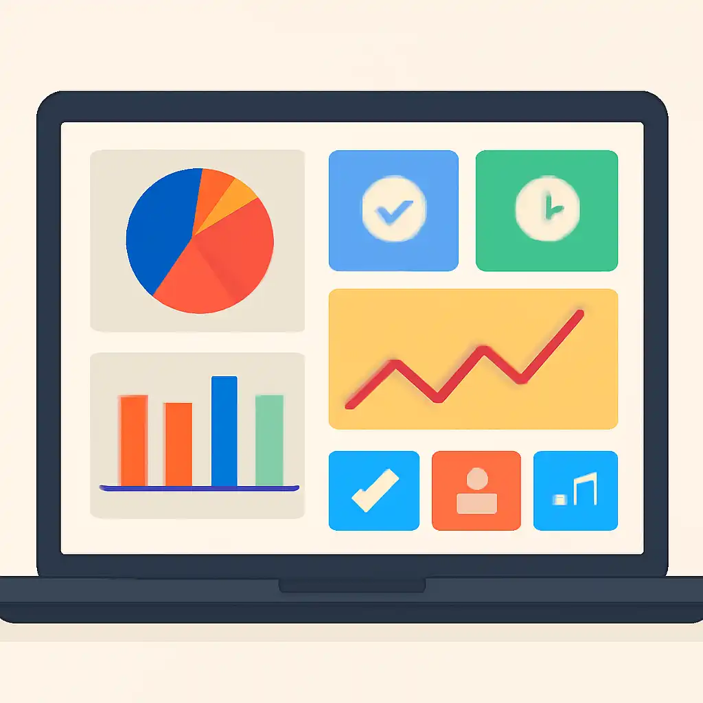 Laptop shown from the front displaying a colourful flat dashboard of abstract charts, bars and icon tiles, Holy Rummy
