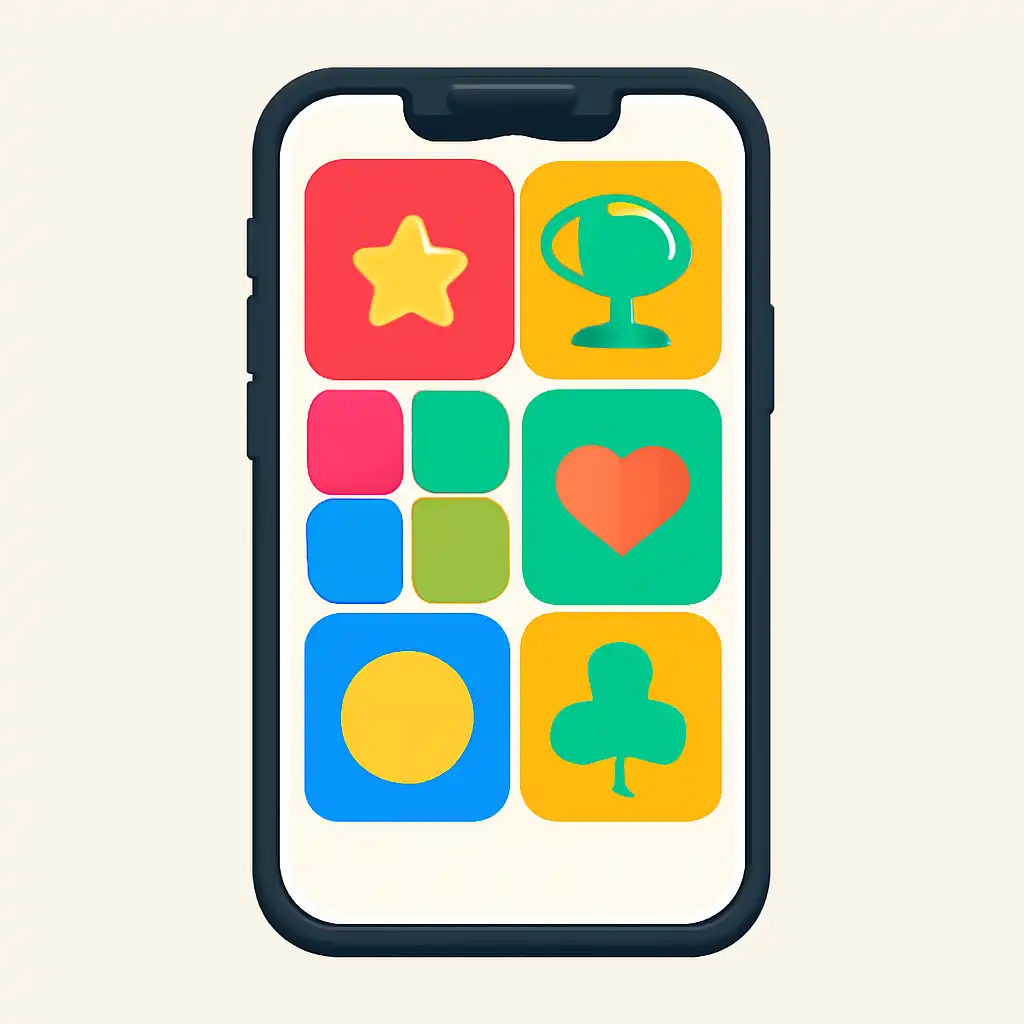Smartphone shown from the front displaying a colourful flat layout of abstract game icons and rounded tiles, Holy Rummy