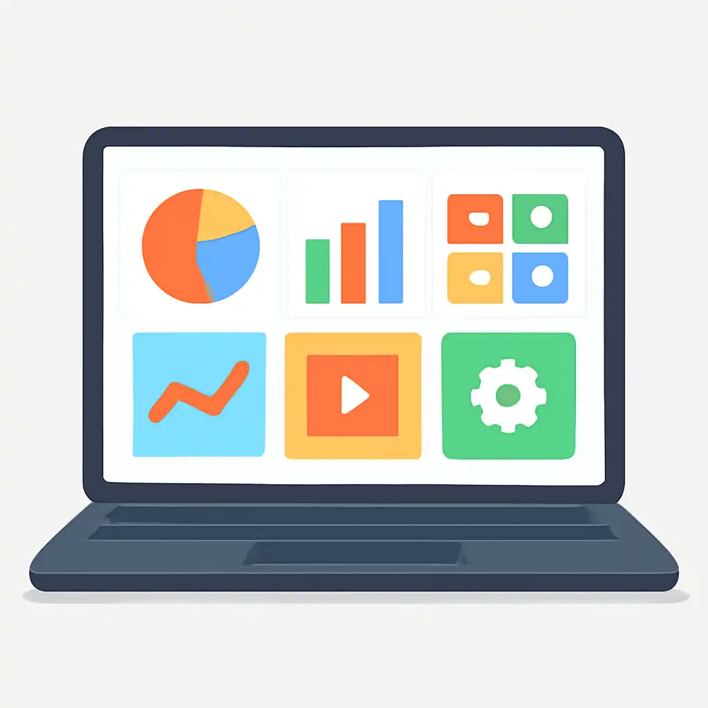 Laptop shown from the front displaying a colourful flat dashboard of abstract charts, bars and icon tiles, Holy Rummy