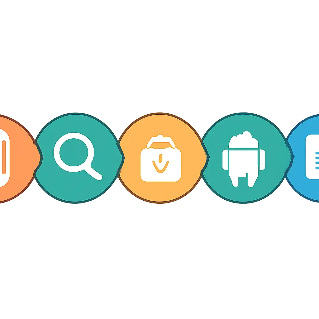 Five numbered circular icons connected by arrows in a horizontal flow, Holy Rummy: Download and Install on Android steps