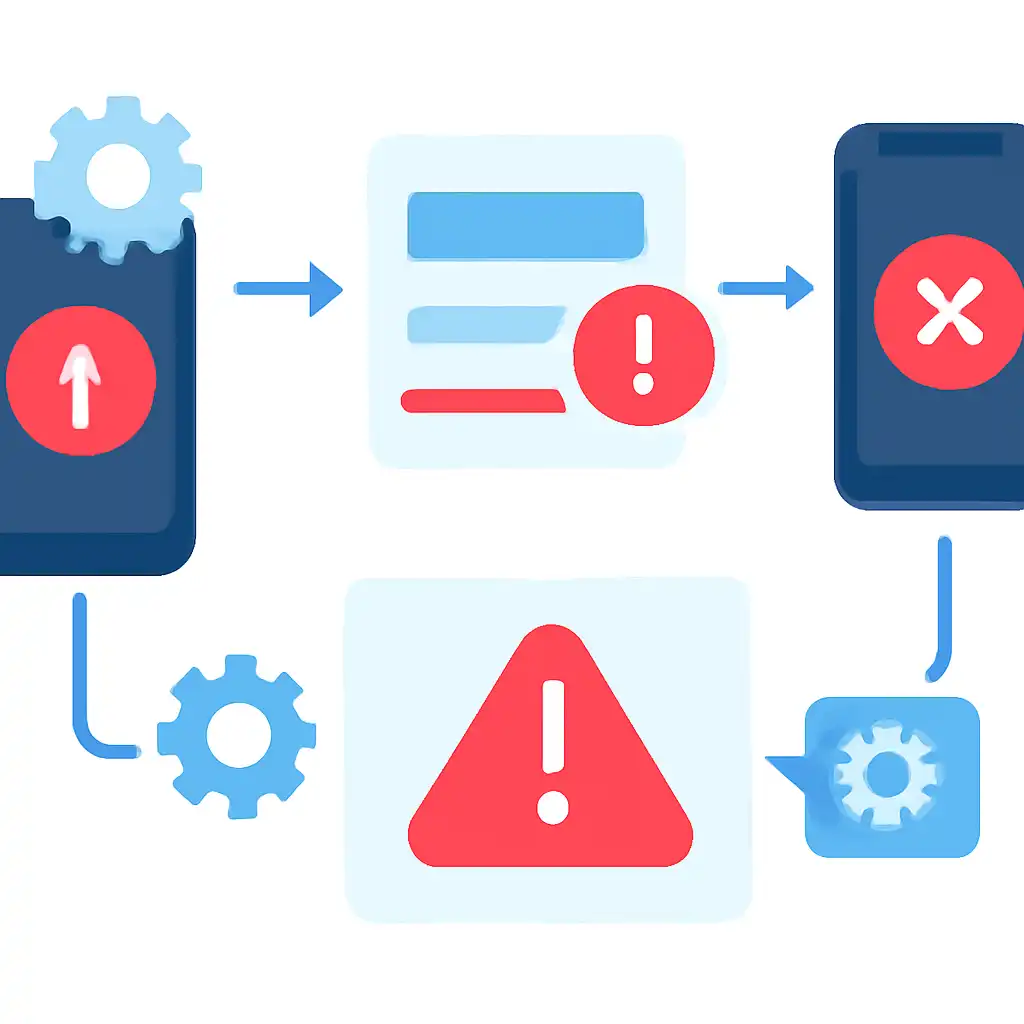 Annotated step diagram: app update problems process with numbered callouts, Holy Rummy