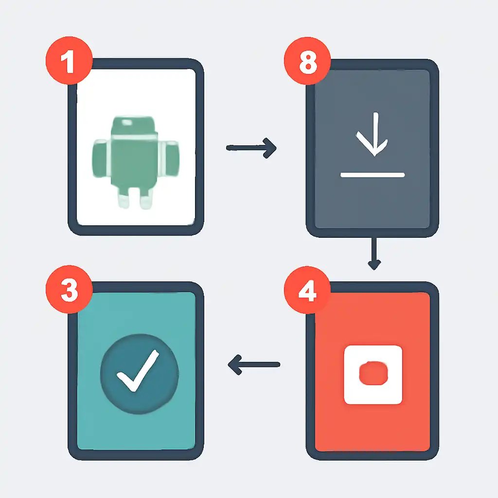 Annotated step diagram: android apk install process with numbered callouts, Holy Rummy