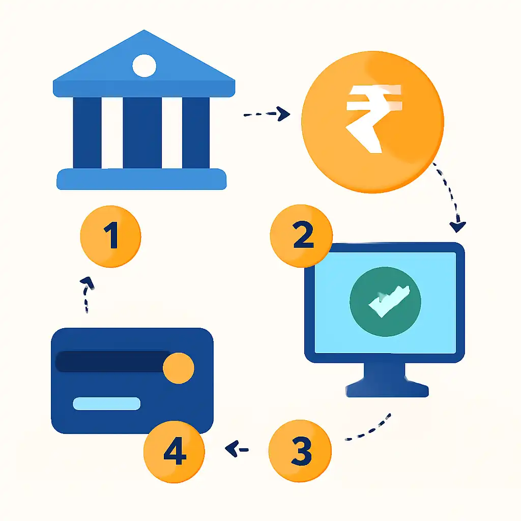 Annotated step diagram: bank transfer times process with numbered callouts, Holy Rummy