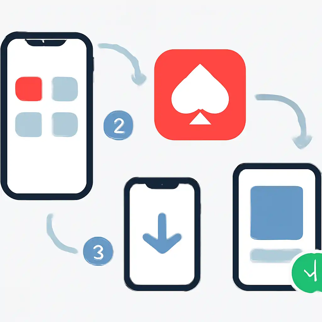 Annotated step diagram: ios app install process with numbered callouts, Holy Rummy