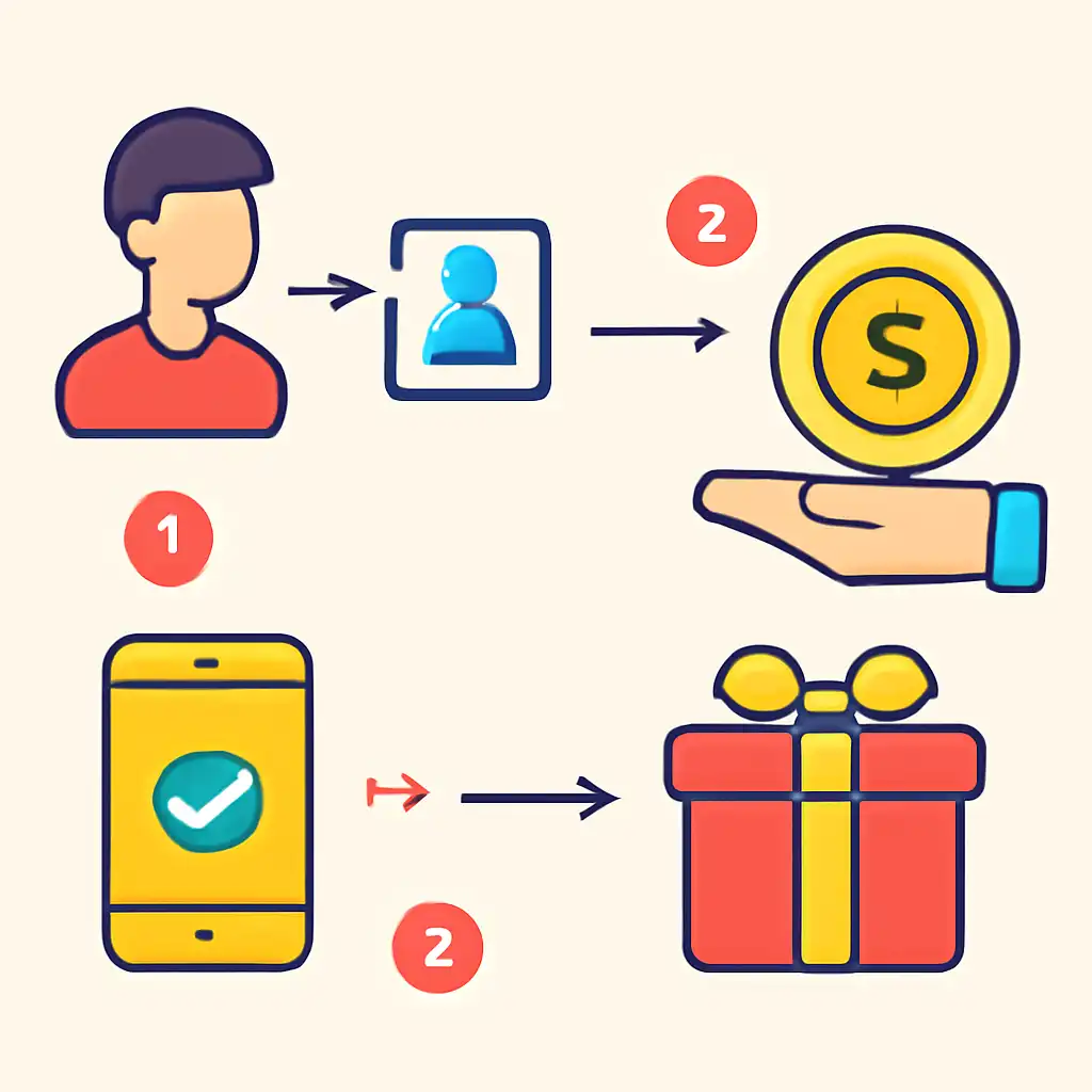 Annotated step diagram: referral rewards process with numbered callouts, Holy Rummy